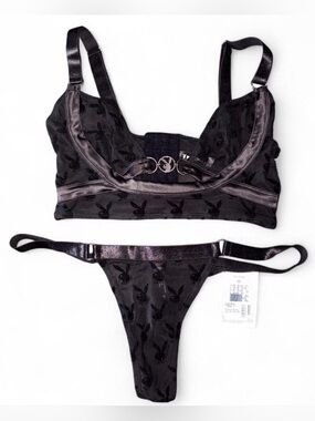 PLAYBOY Black Velvet Logo Bralette & Thong Set with Metallic Accents